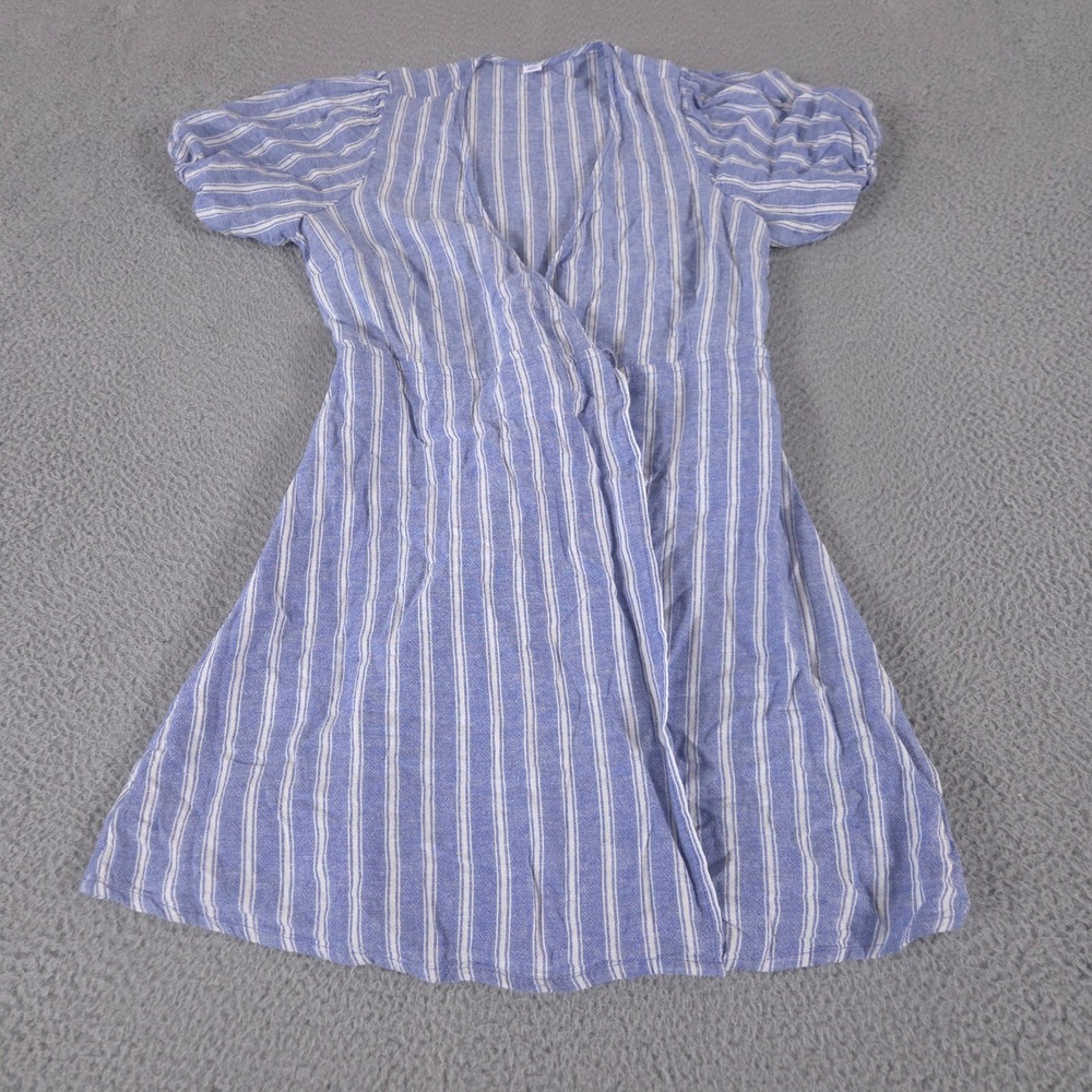 Old Navy Dress Women M Striped Puff-Sleeve Mini Wrap Linen Blend Railroad Stripe